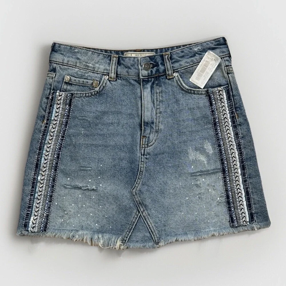 NWT Free People Beaded‎ Sequin Western Cowgirl Distressed Denim Mini Skirt Sz 0
